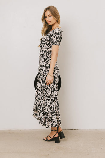 asymmetrical black midi dress 