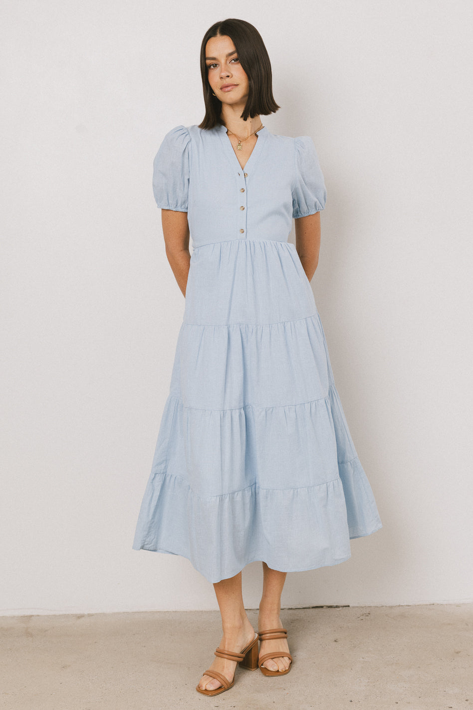 blue tiered midi dress