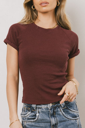 Kammie Ribbed Basic Tee in Maroon - FINAL SALE