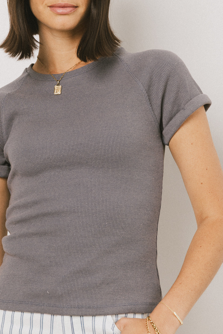 Kammie Ribbed Basic Tee in Slate Blue - FINAL SALE