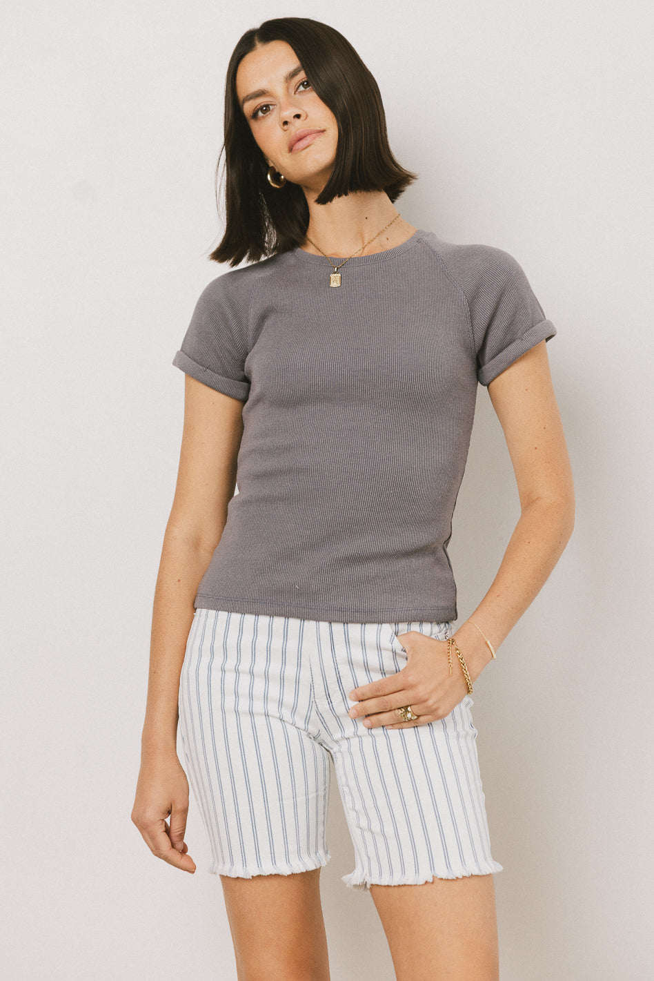 Kammie Ribbed Basic Tee in Slate Blue - FINAL SALE