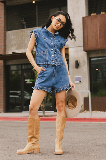 denim vest with buttons and ruffles 