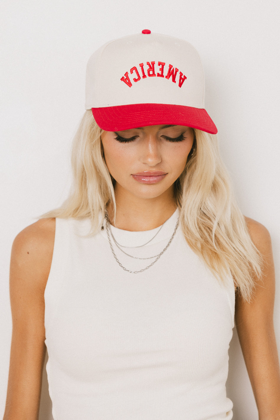 red and white America hat