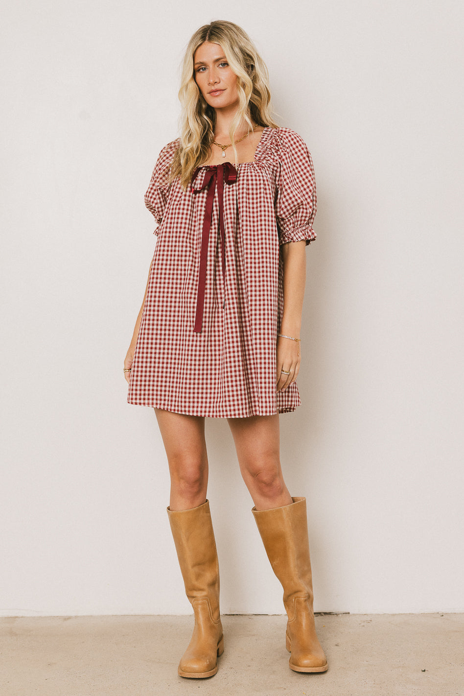 Cody Gingham Mini Dress in Burgundy Cody Gingham Mini Dress in Burgundy