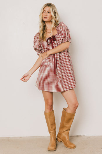 Cody Gingham Mini Dress in Burgundy
