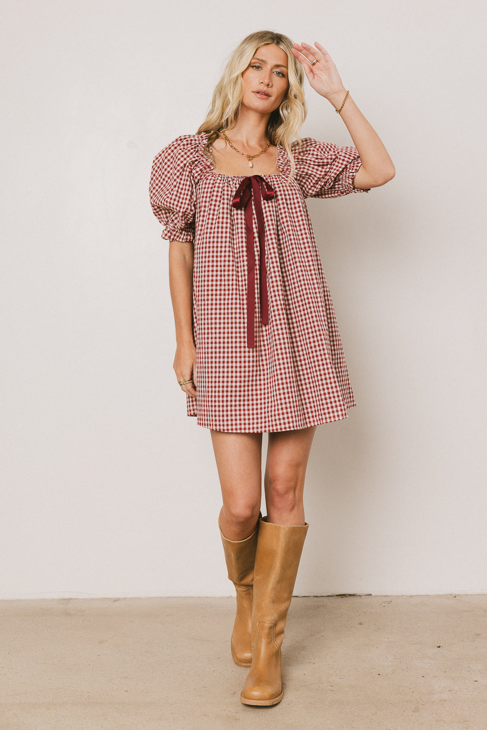 burgundy gingham dress Cody Mini in SARAH SEVEN | Le Mini dress Oversize collar Moon River Color:Silver Cloud