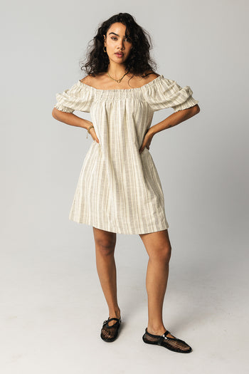 striped dress with off the shoulder