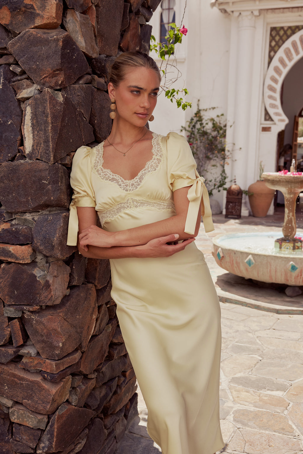 Amanda Lace Trim Maxi Dress in Butter Yellow Amanda Lace Trim Maxi Dress in Butter Yellow