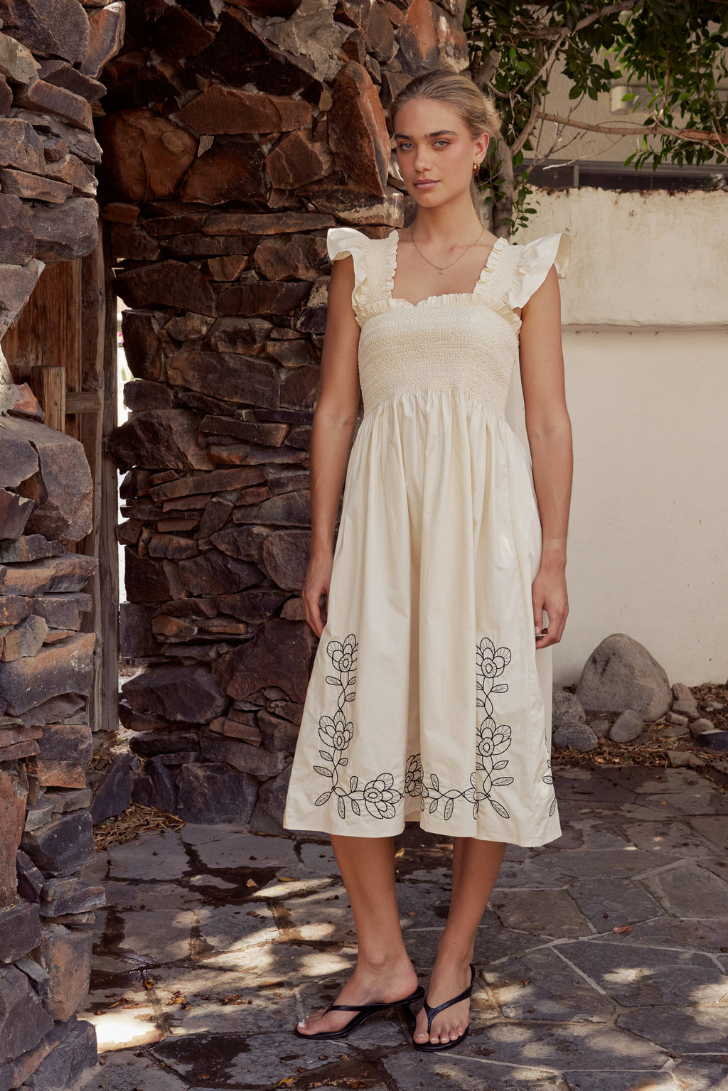 Lane Embroidered Midi Dress in Cream - FINAL SALE Lane Embroidered Midi Dress in Cream - FINAL SALE
