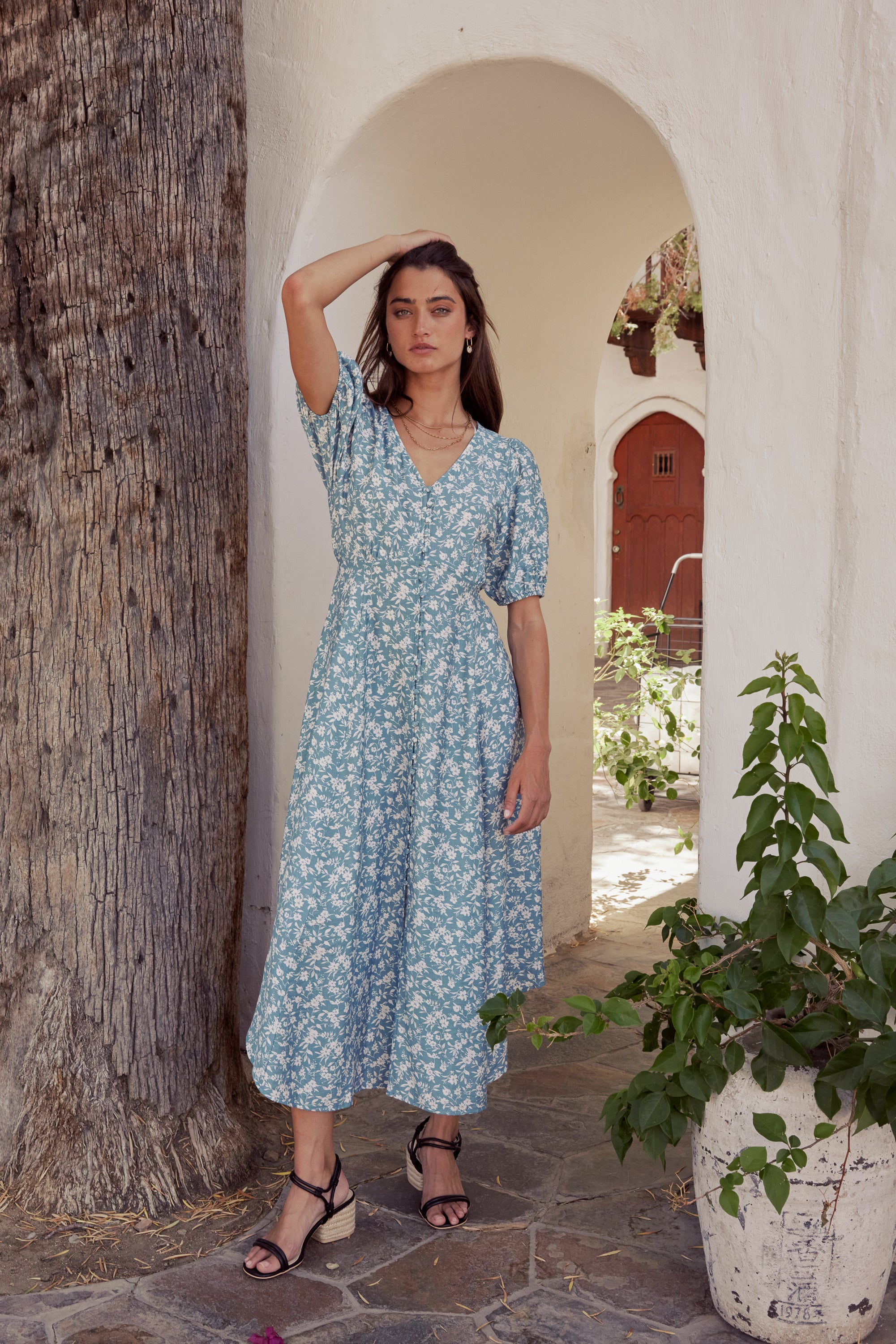 button maxi dress with sleeves Sandra Button Front Maxi Dress