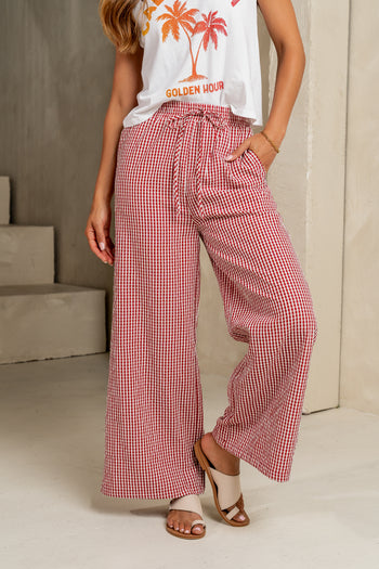 DRAWSTRING GINGHAM PRINT PANTS