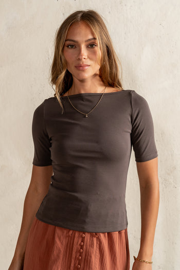 Blair Boat Neck Top in Charcoal - FINAL SALE