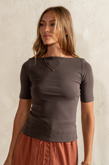 Blair Boat Neck Top in Charcoal - FINAL SALE