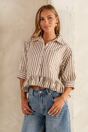 Avery Striped Blouse in Tan - FINAL SALE
