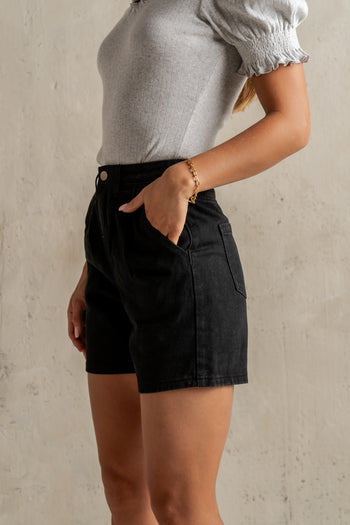 BLACK DENIM SHORTS WITH TWO SLANT HAND POCKETS AND BELT LOOPS