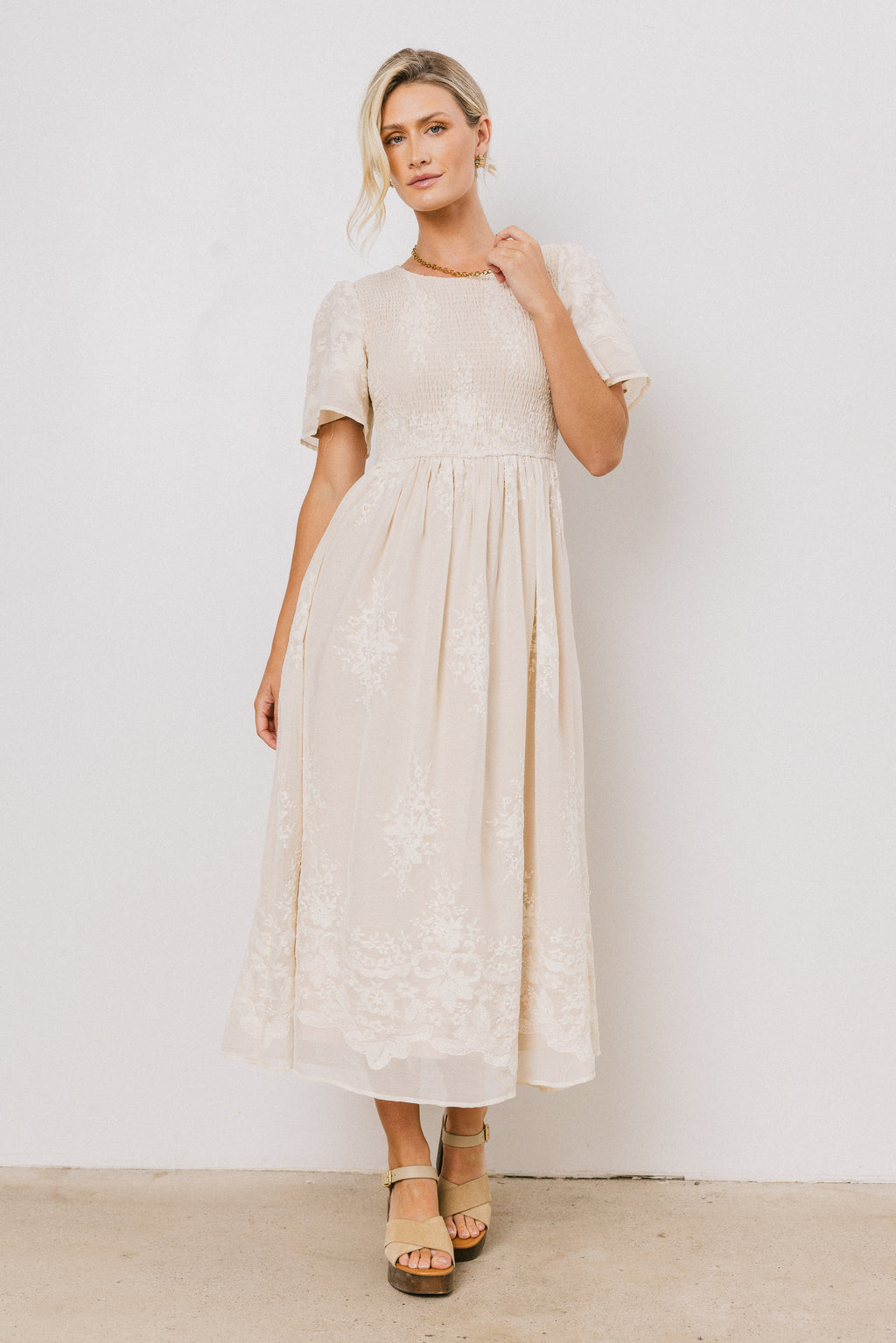 Alora Embroidered Dress in Champagne - FINAL SALE Alora Embroidered Dress in Champagne - FINAL SALE