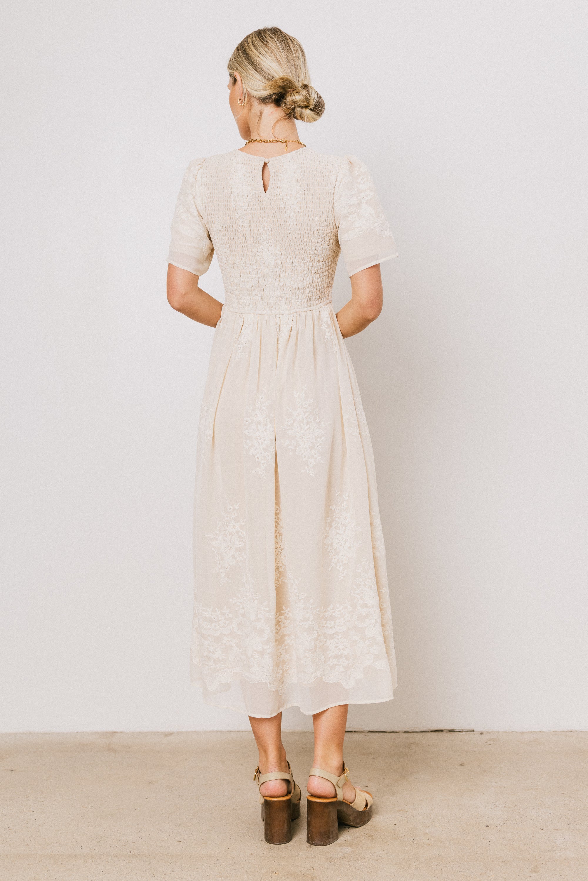 the full bloom embroidered dress in champagne Beige Cap Sleeve Floral Embroidered Illusion Godet Gown