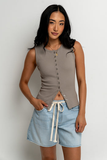 s Button Up Tank Top in Taupe