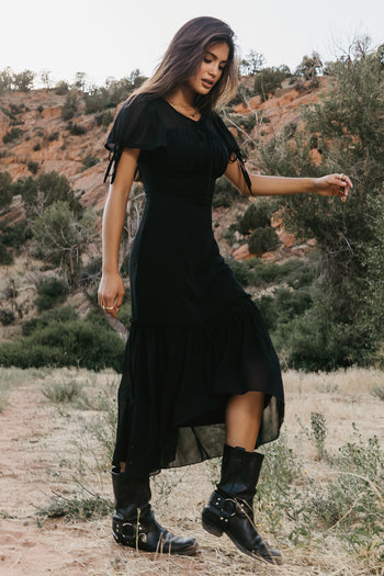 high neck black midi dress