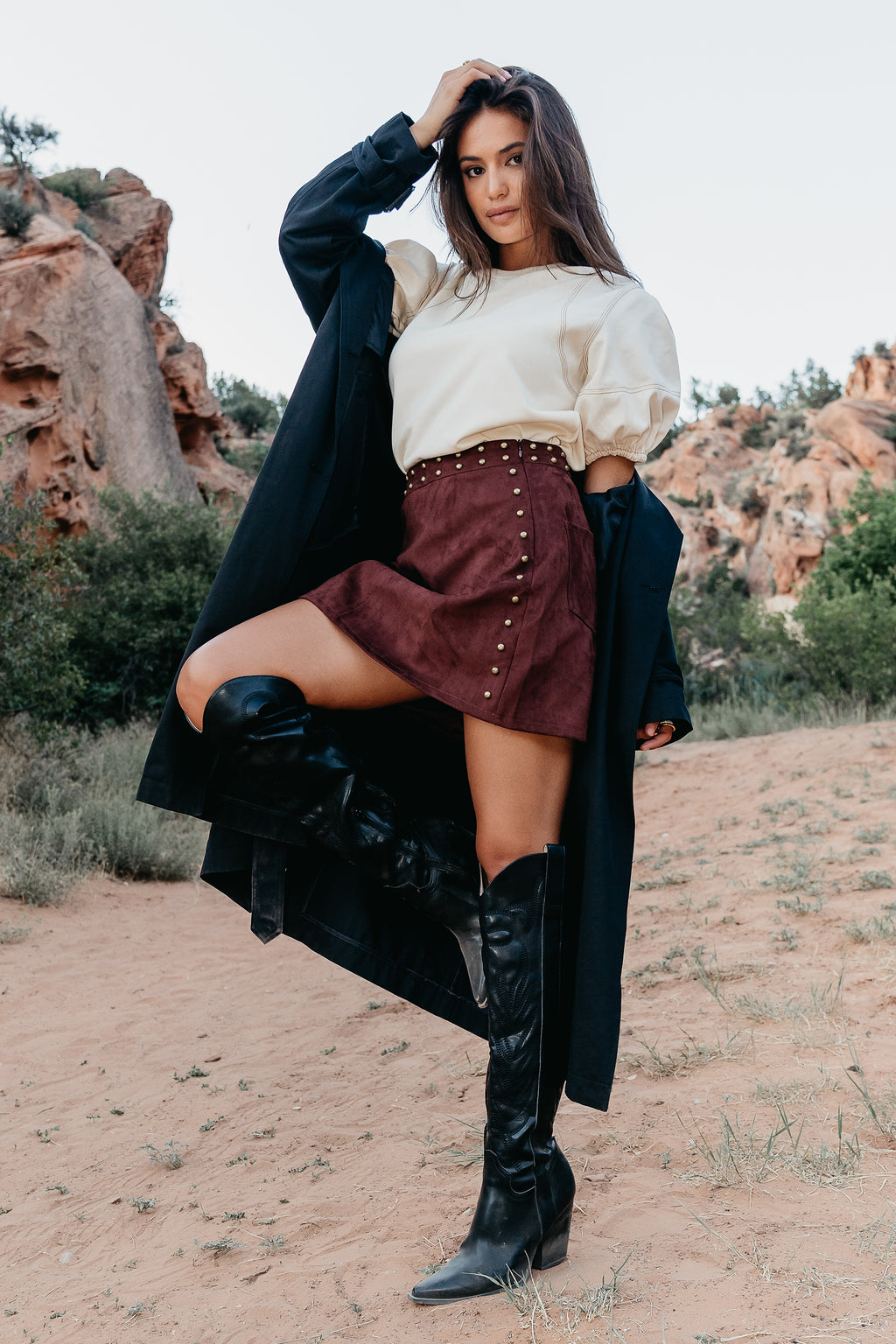 Studded Mini Skirt in Burgundy with side zipper