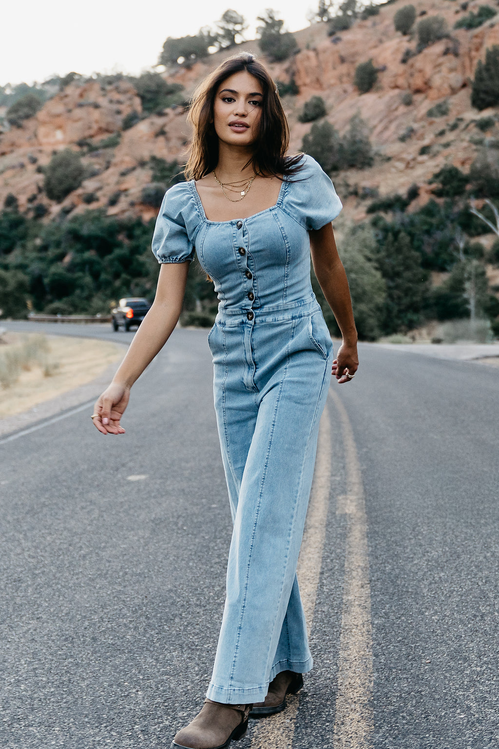 Short Sleeve Denim Jumpsuit 
