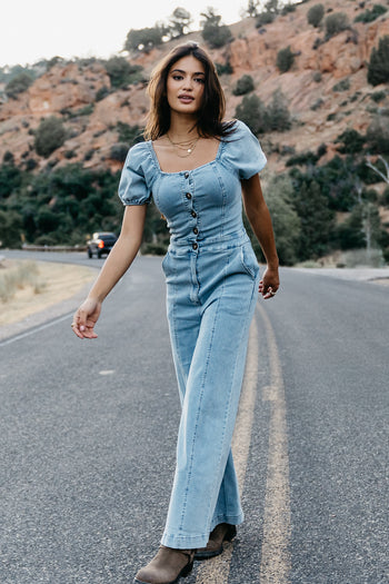 Short Sleeve Denim Jumpsuit 
