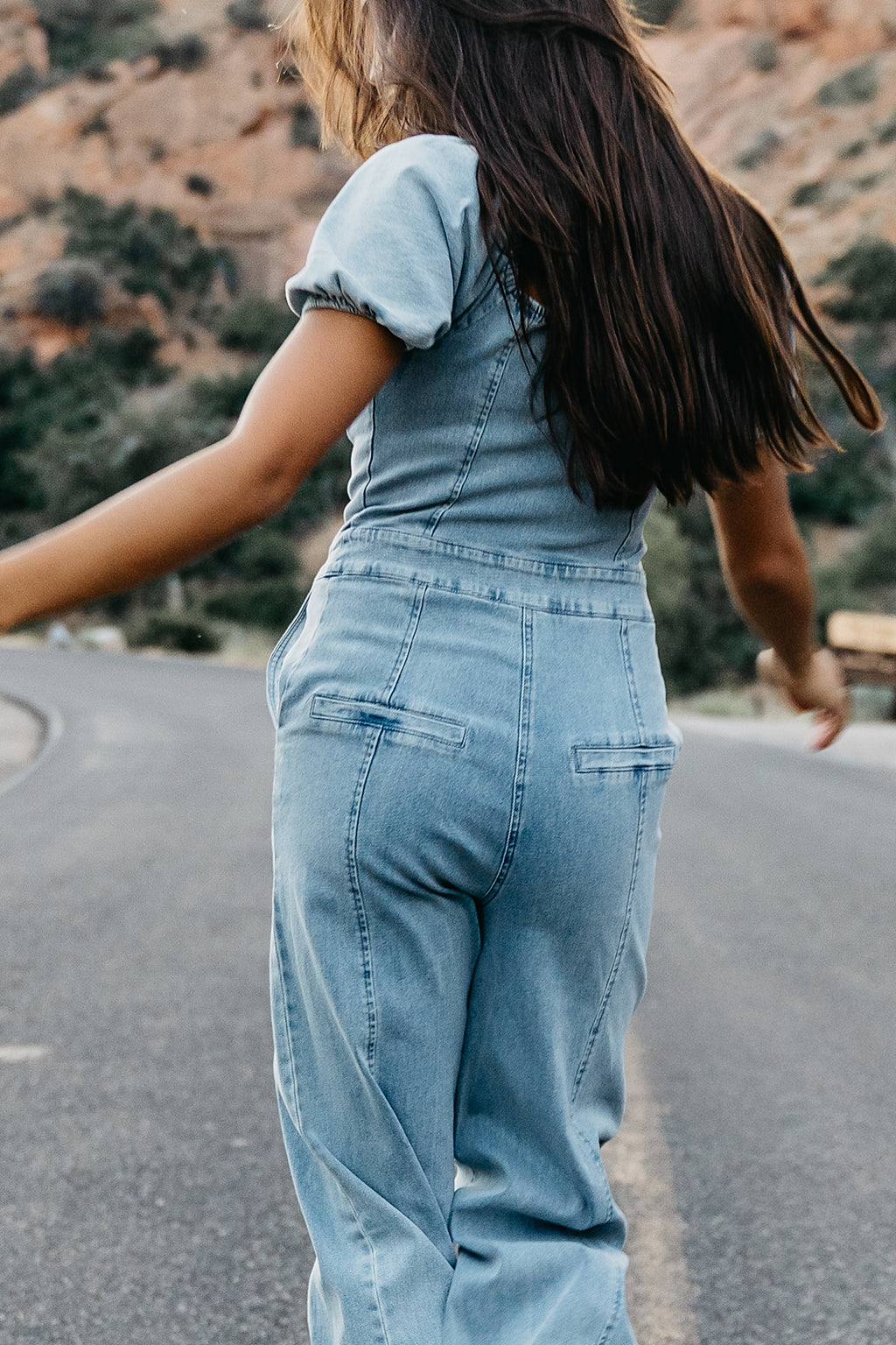 jumpsuit with fake back pockets 
