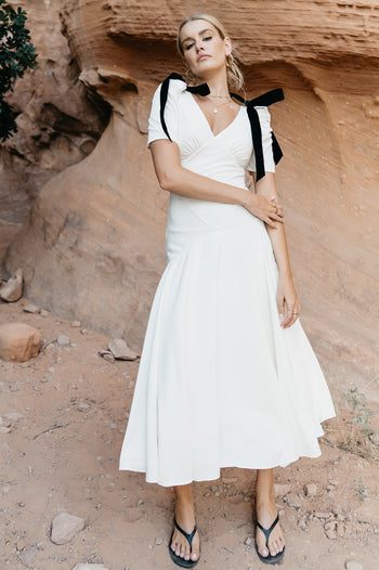 Short Sleeve Drop Waist Maxi Dress in Cream