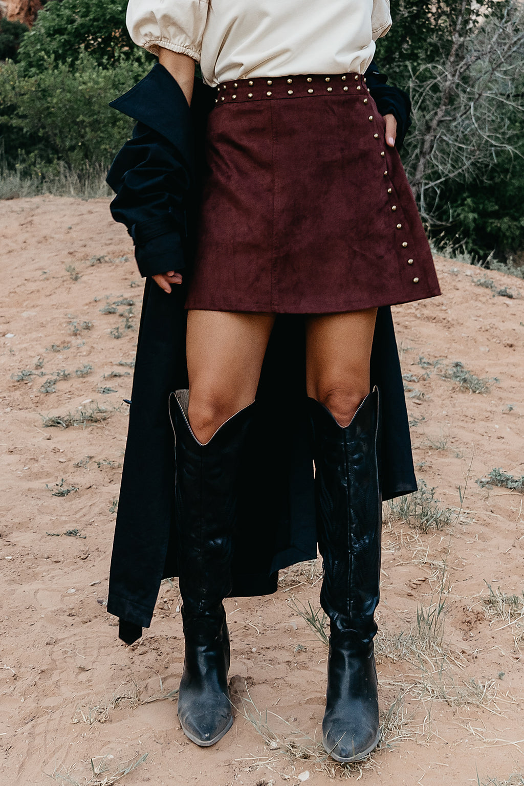 Studded Mini Skirt in Burgundy