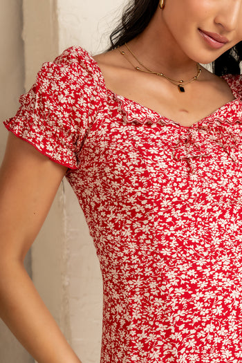 scoop neckline on red dress