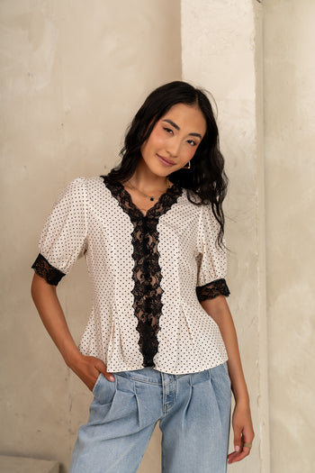 Angie Lace Trim Blouse in Cream - FINAL SALE