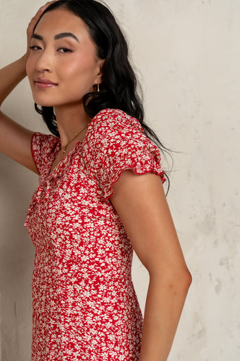 short sleeve red midi dress