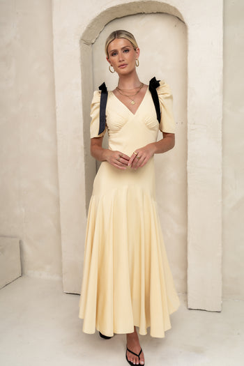 v neckline on yellow midi dress 