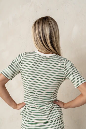 cream and green striped short sleeve top