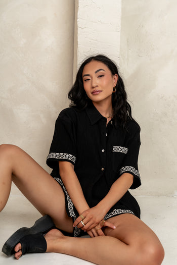 black short sleeve top with matching short, shorts 