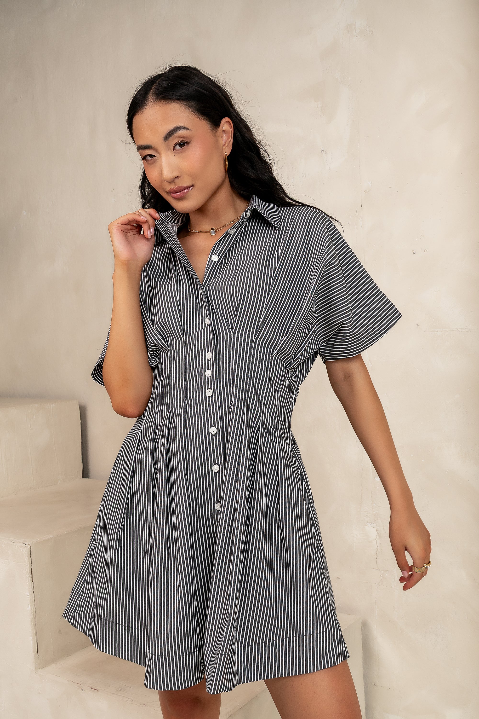 Erica Button Front Mini Dress in Grey - FINAL SALE Erica Button Front Mini Dress in Grey - FINAL SALE