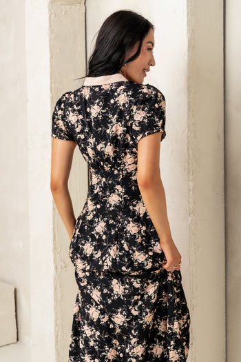 fitted mid section on black floral maxi dress 