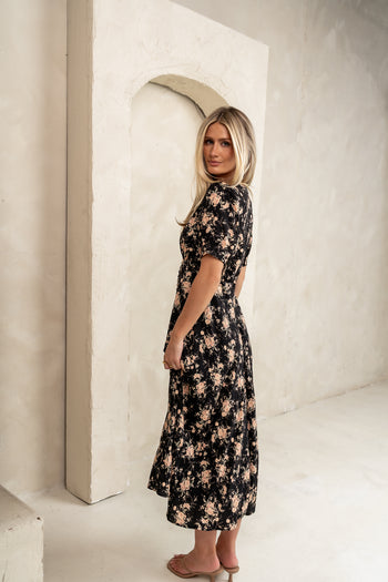 blush floral print on black dress 