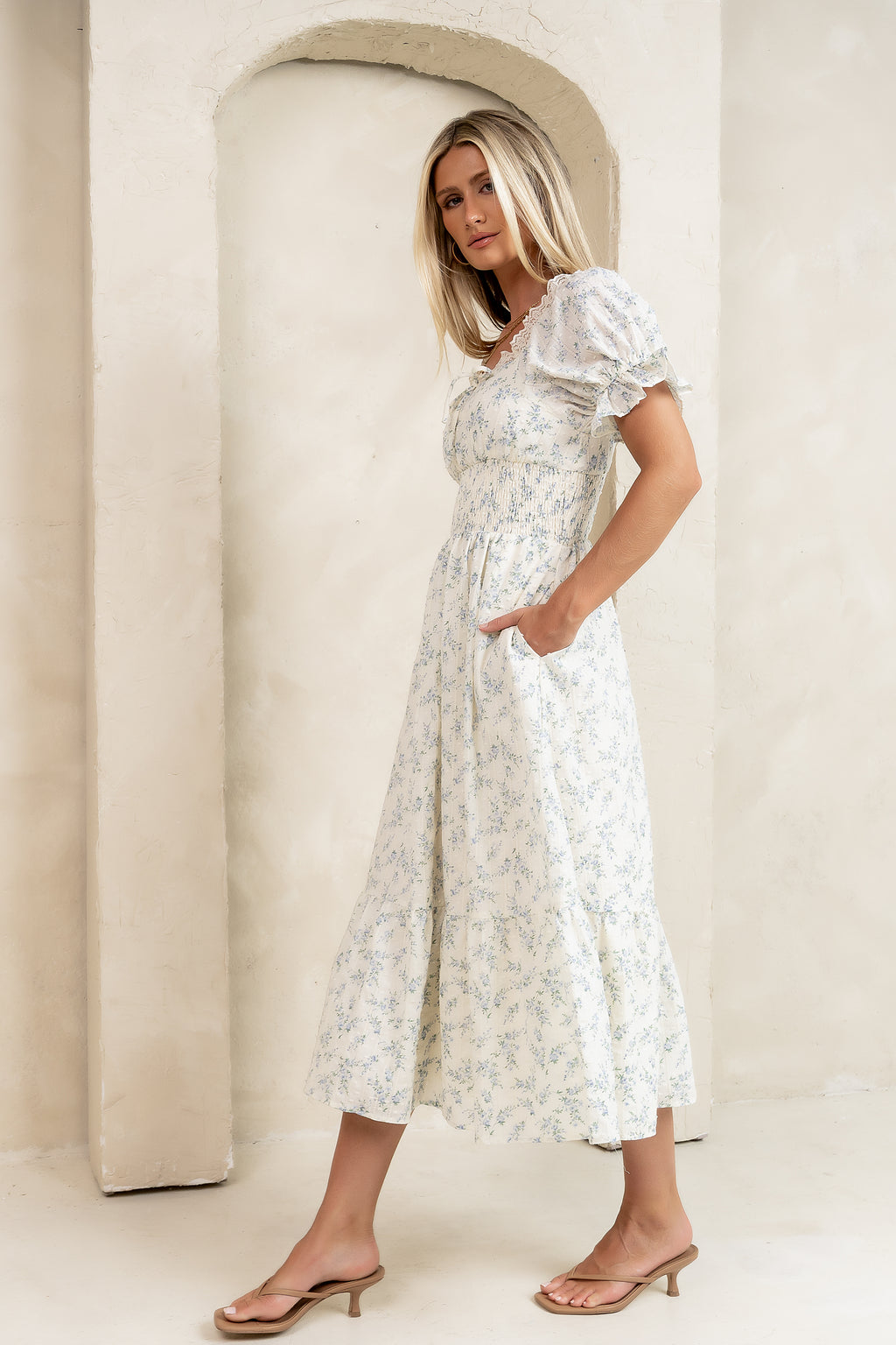 smocked mid section floral midi dress 