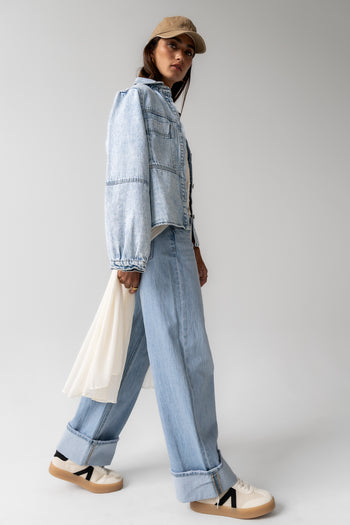 cuffed light wash jeans 
