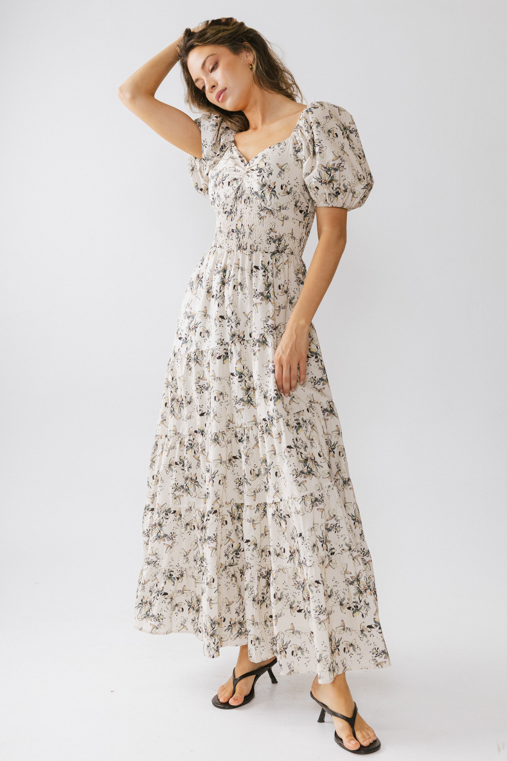 Robbie Floral Midi Dress in Beige