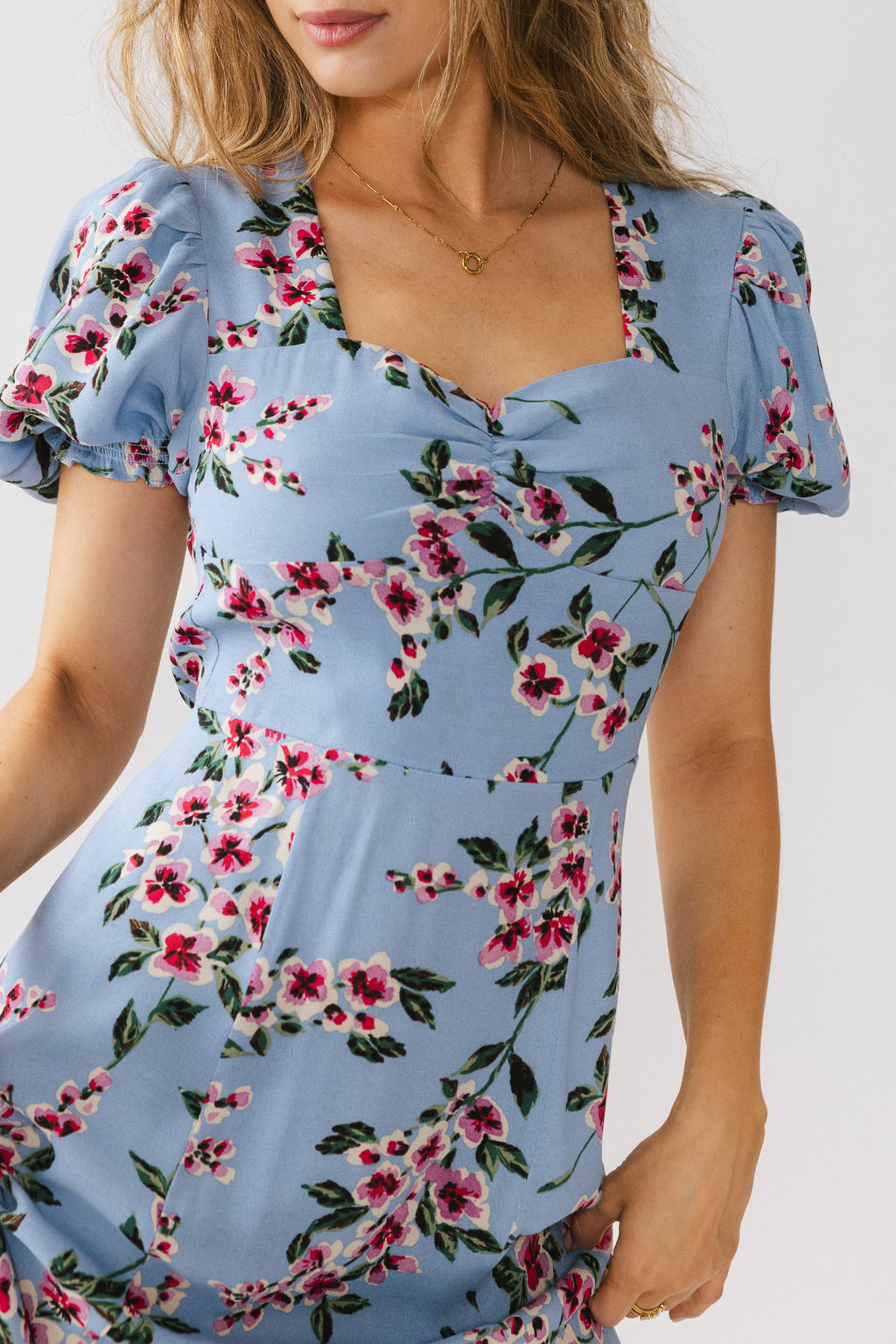 blue dress with floral print