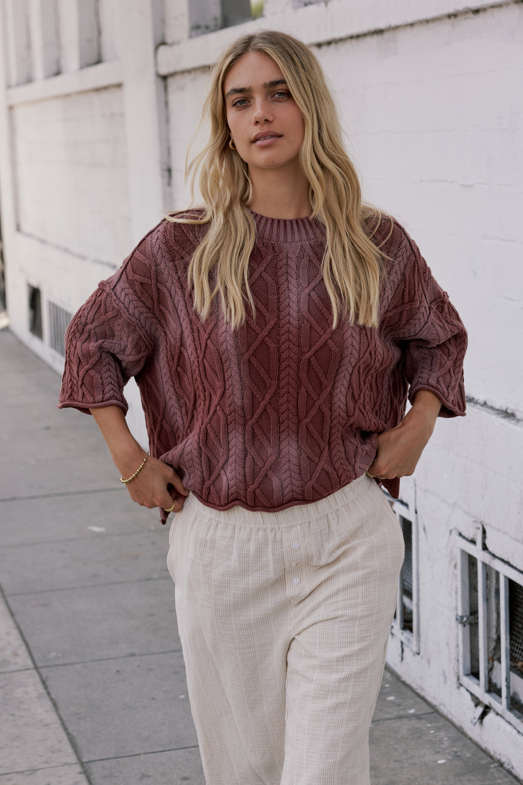 Cable Knit Sweater in Burgundy