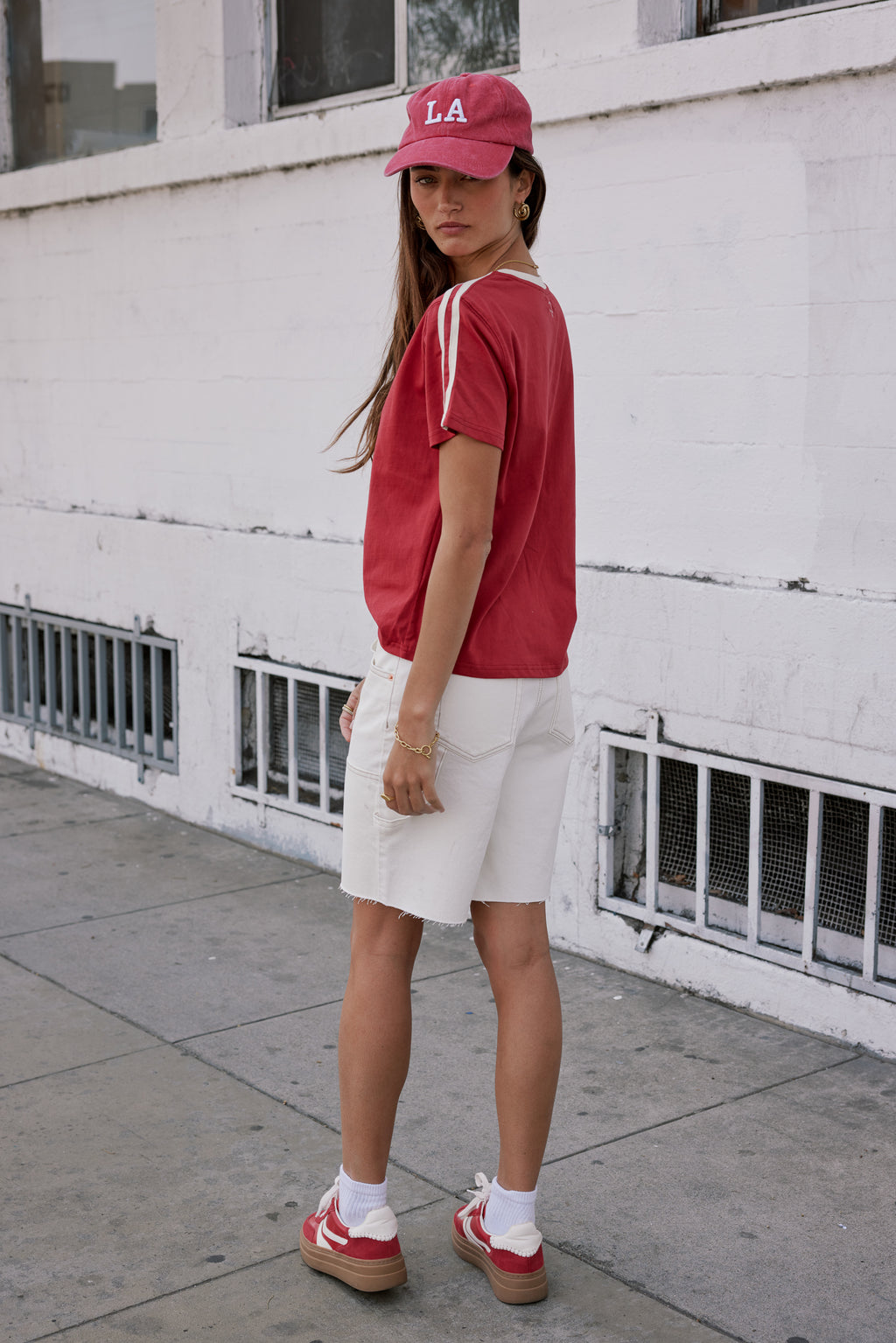 red tee with white stripes