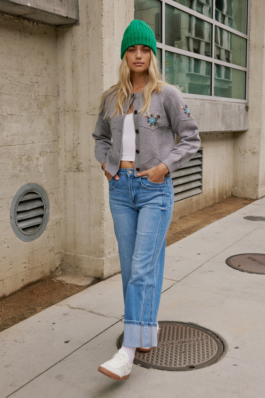 Jade Cuffed Wide Leg Jeans in Medium Wash - Main Image