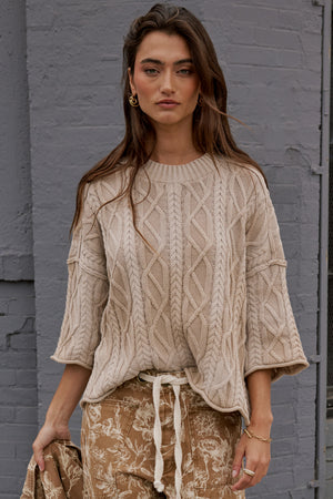 Raegan Cable Knit Sweater in Tan