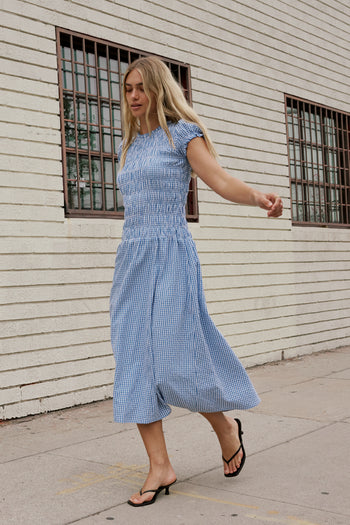 SMOCKED TOP ON BLUE AND WHITE DRESS 