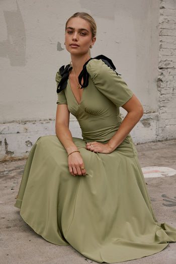 Bows on shoulders of  Maxi Dress in Sage