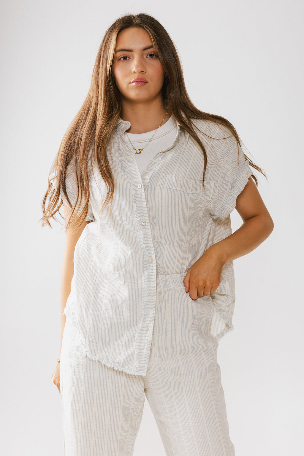 Belen Striped Button Up in Denim Blue