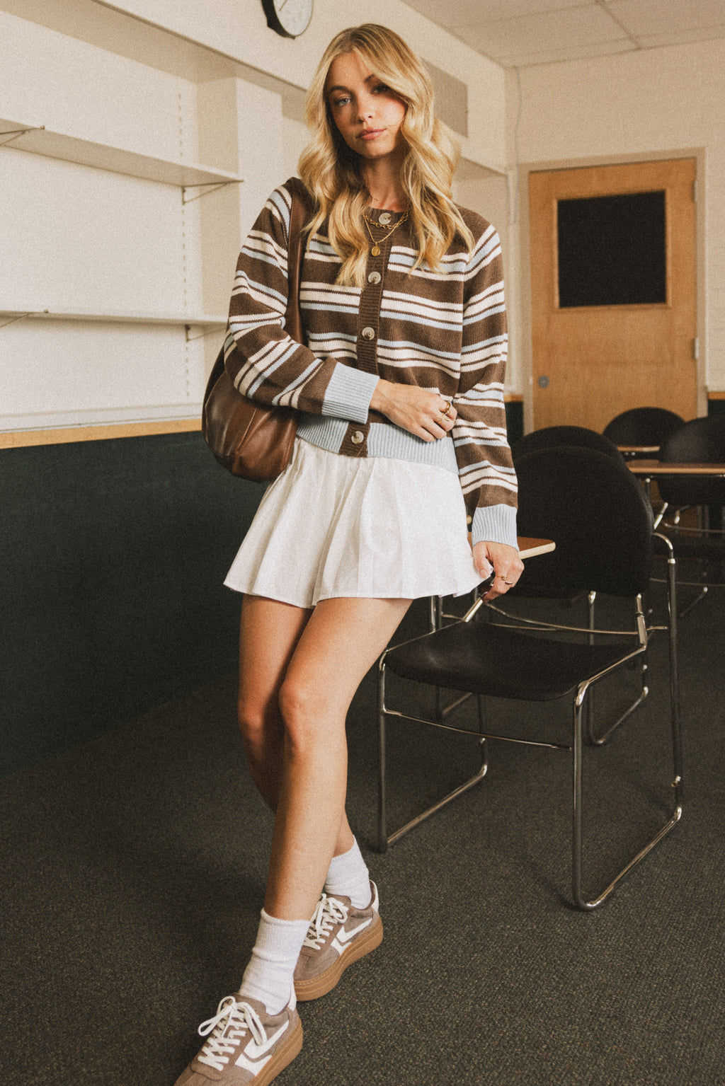 brown blue and white top